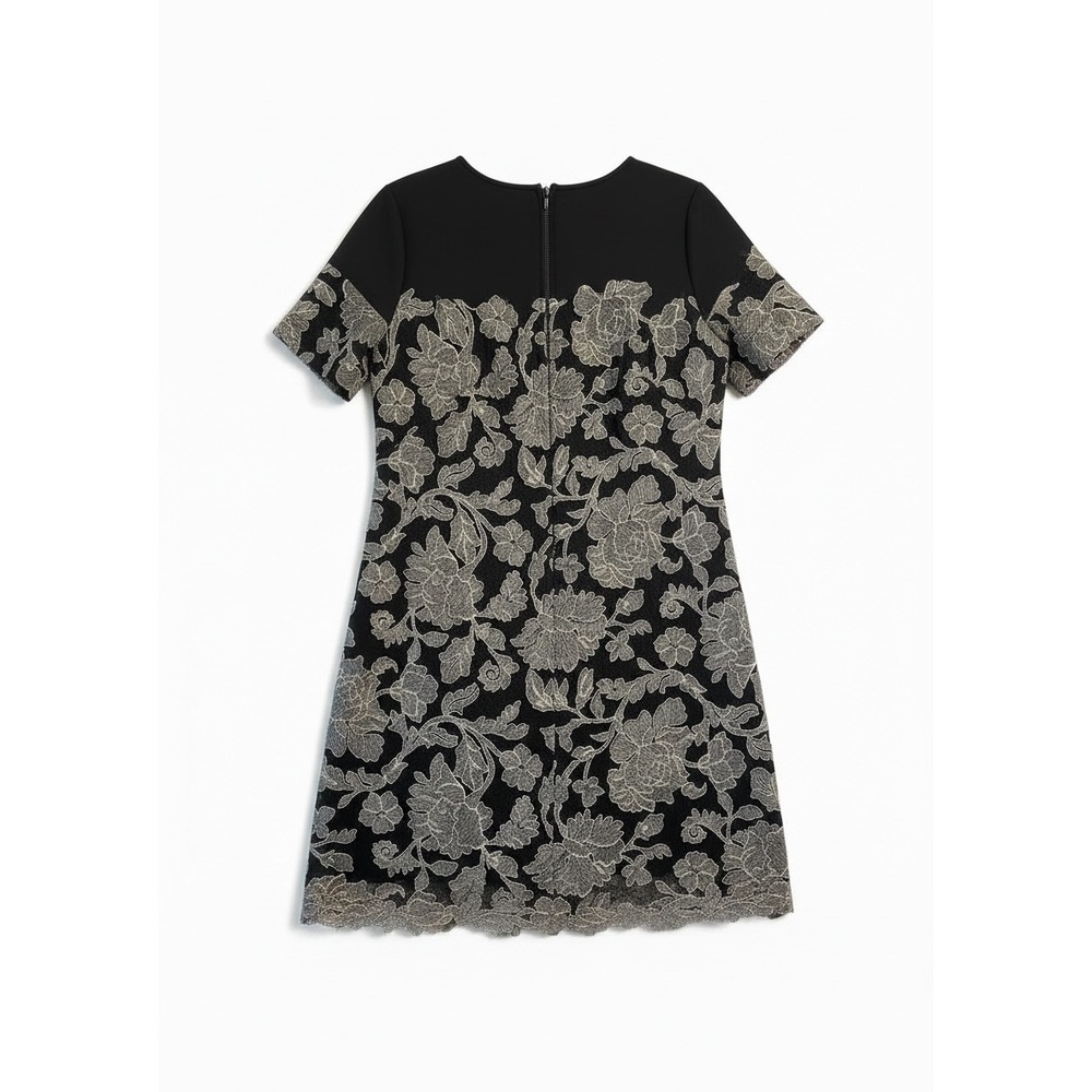 Tadashi Shoji Dress Women 16 Black Gold Embroidered Lace Overlay A-Line - Picture 6 of 12